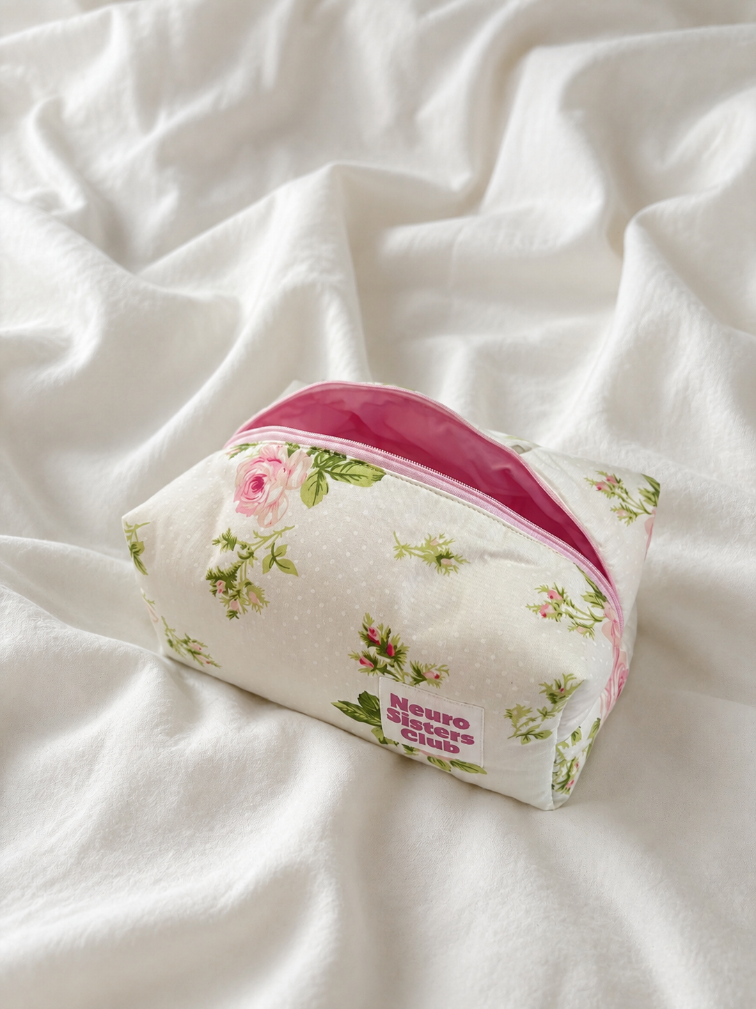 Trousse à pois et fleurs vert