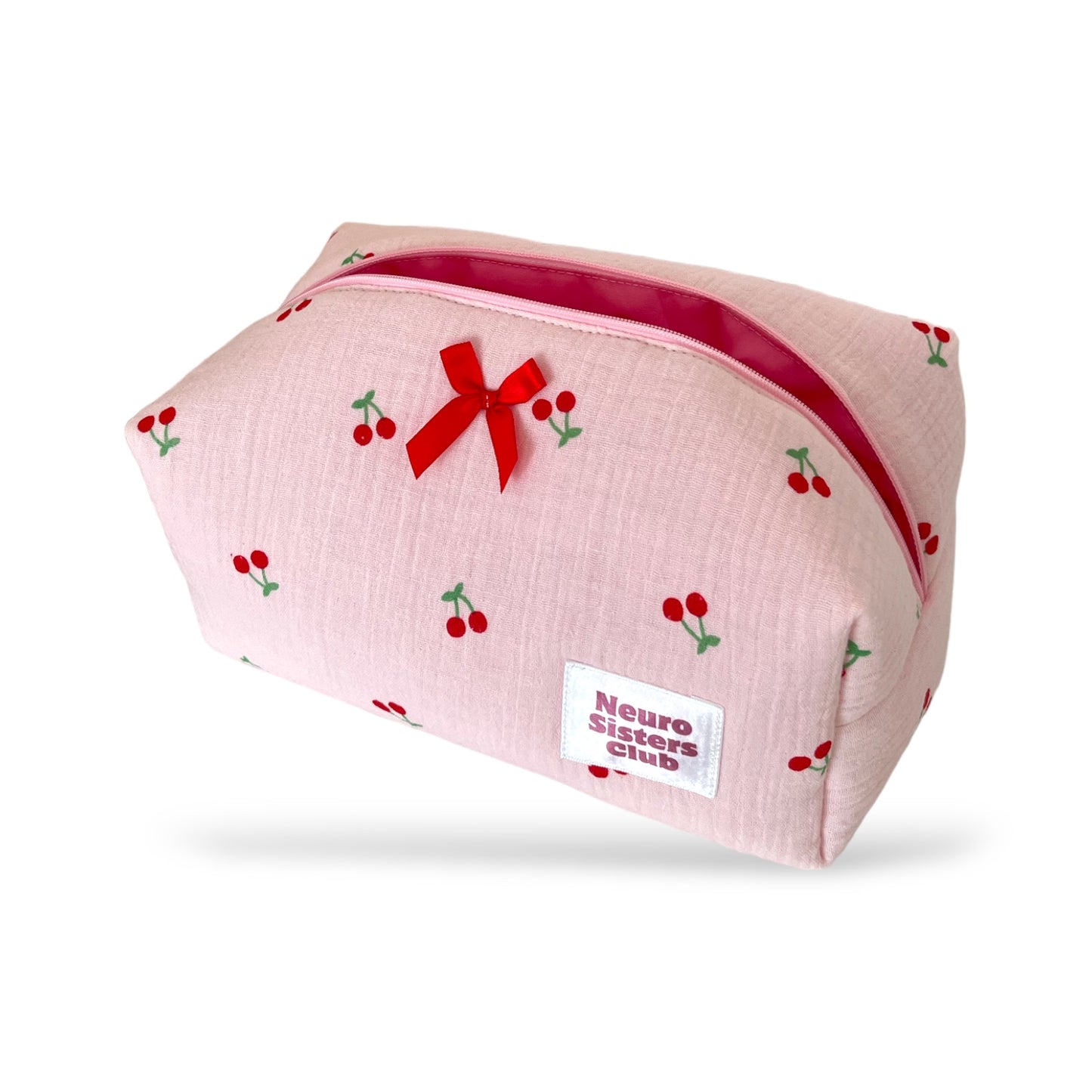 Cherry pink makeup bag with bow
