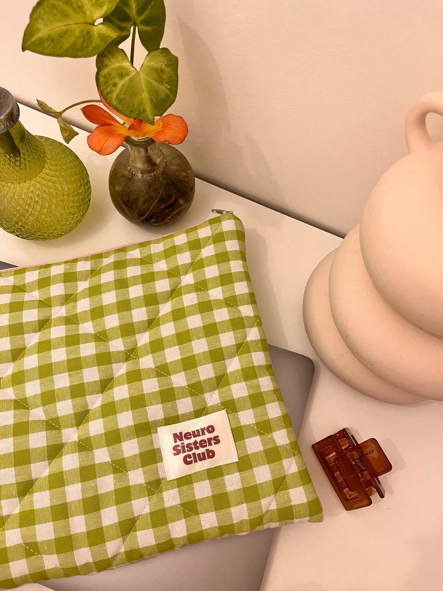green gingham computer case