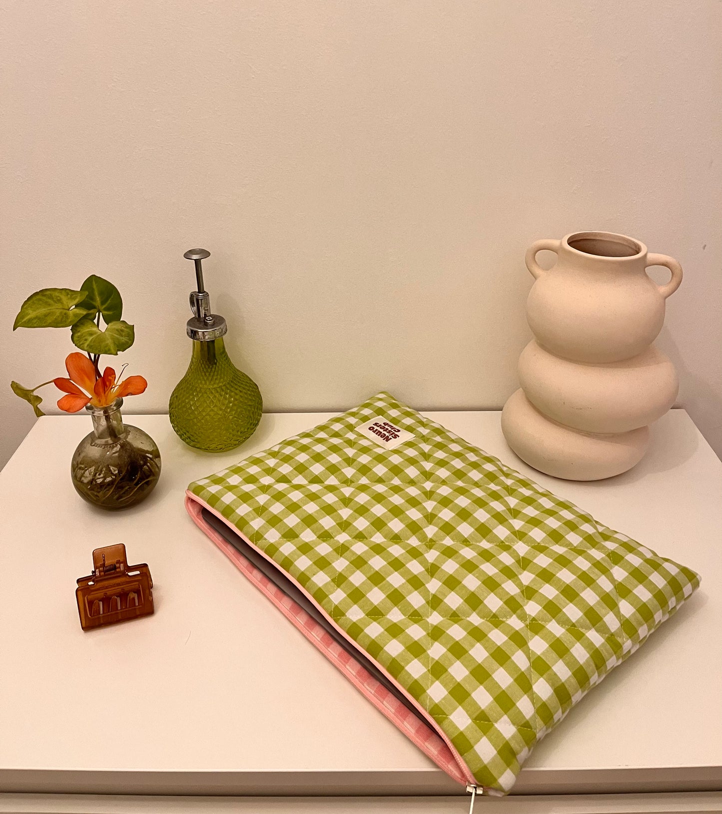 green gingham computer case
