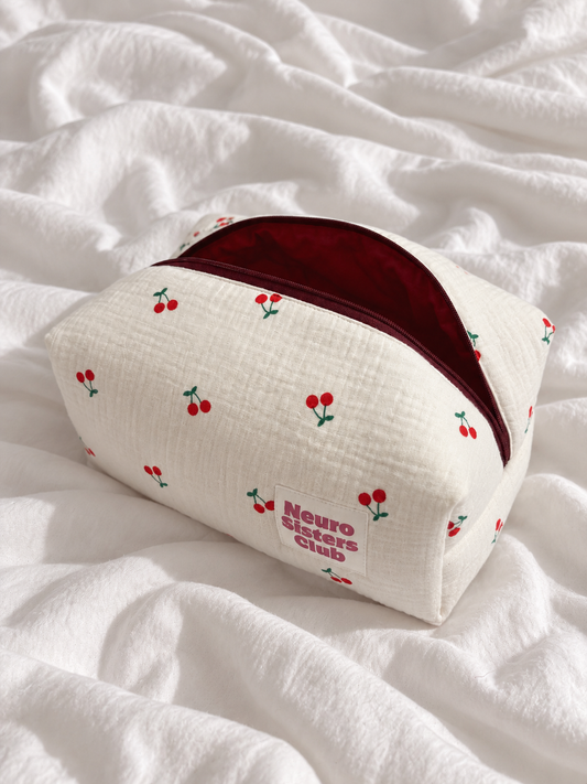 Trousse double gaze de coton blanc & cerise