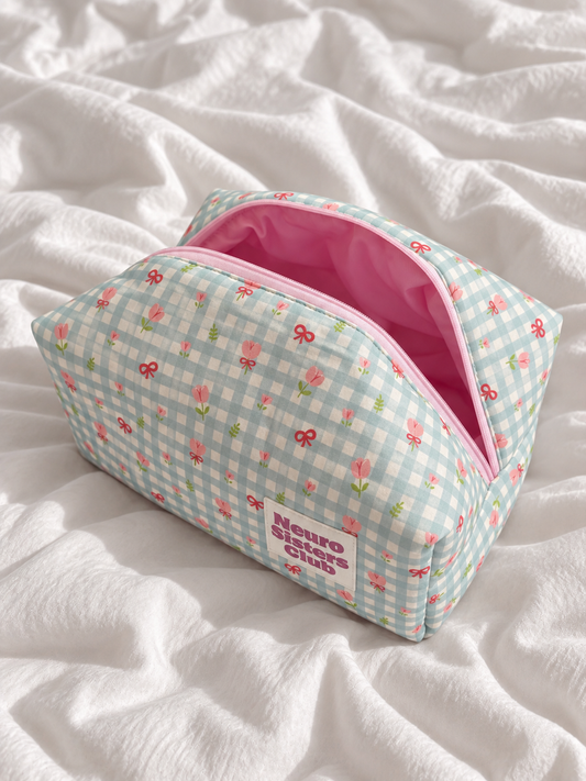 Trousse vichy bleu pastel & fleurs