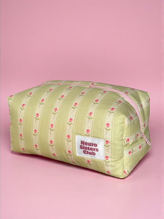 Trousse de toilette vert pastel et fleurs rose