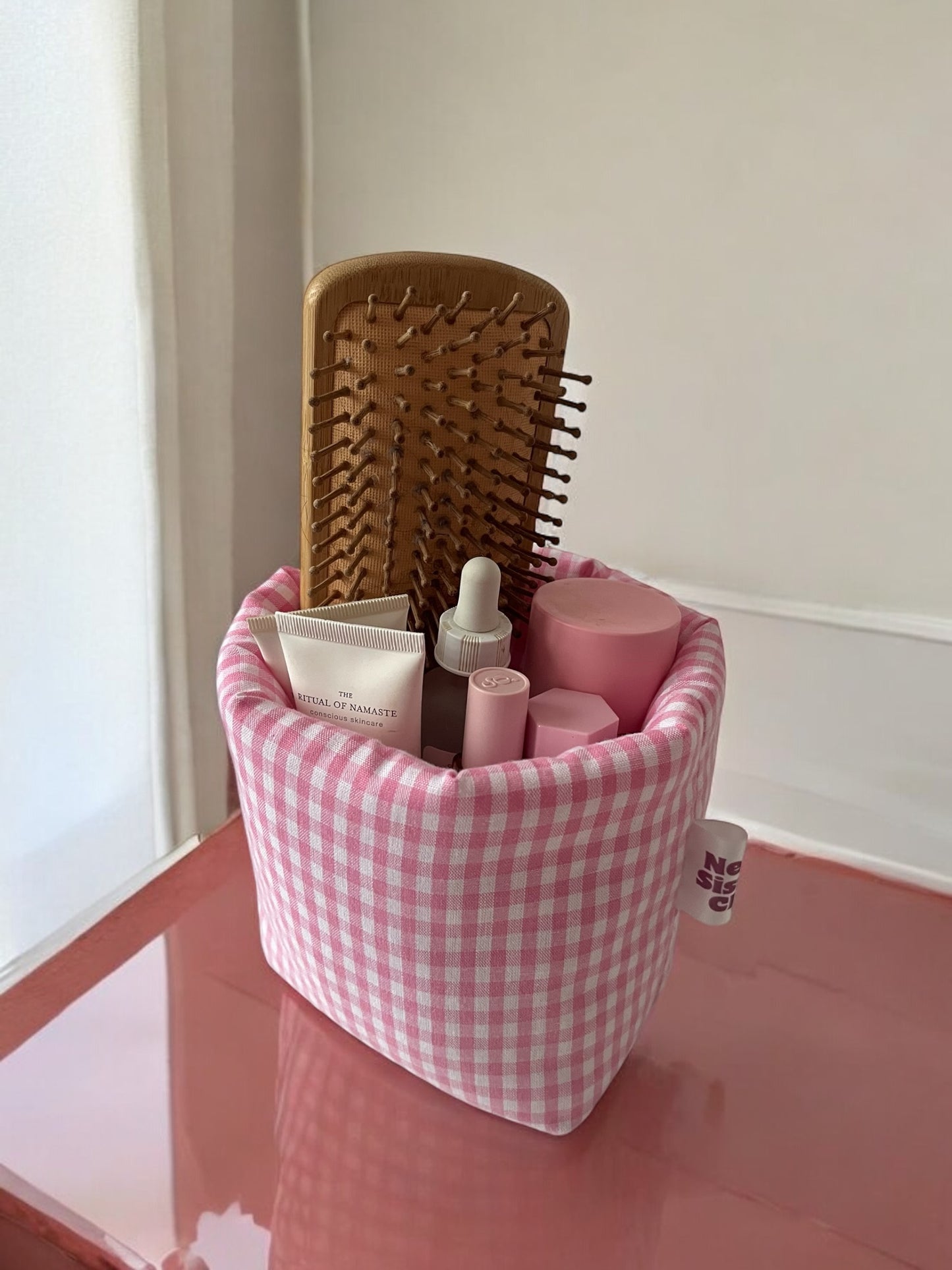 Panier rangement vichy rose