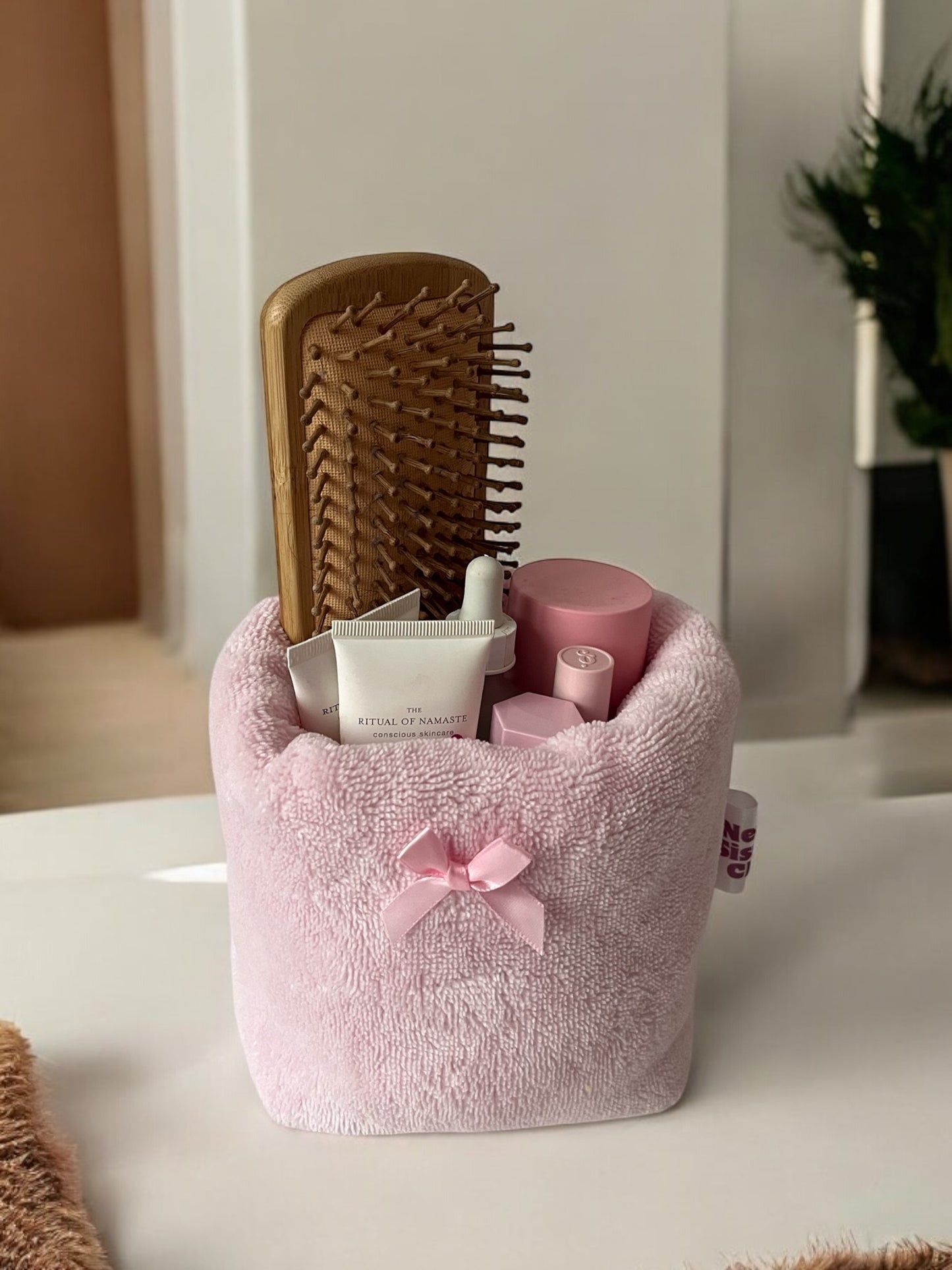 Pink sponge storage basket