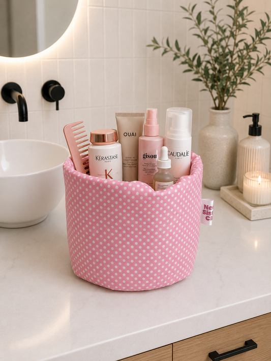 panier cosmétique a pois rose