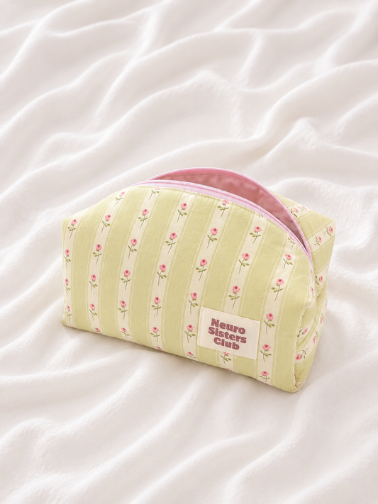 Trousse de toilette vert pastel et fleurs rose