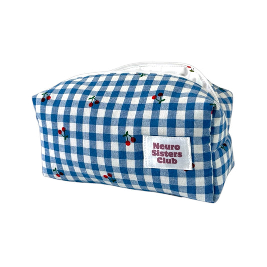 CHERRY BLUE VICHY MAKEUP BAG